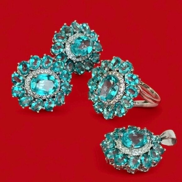 925 Sterling Silver Jewelry Set with Natural Paraiba Topaz Gemstone & Cz - Picture 1 of 14